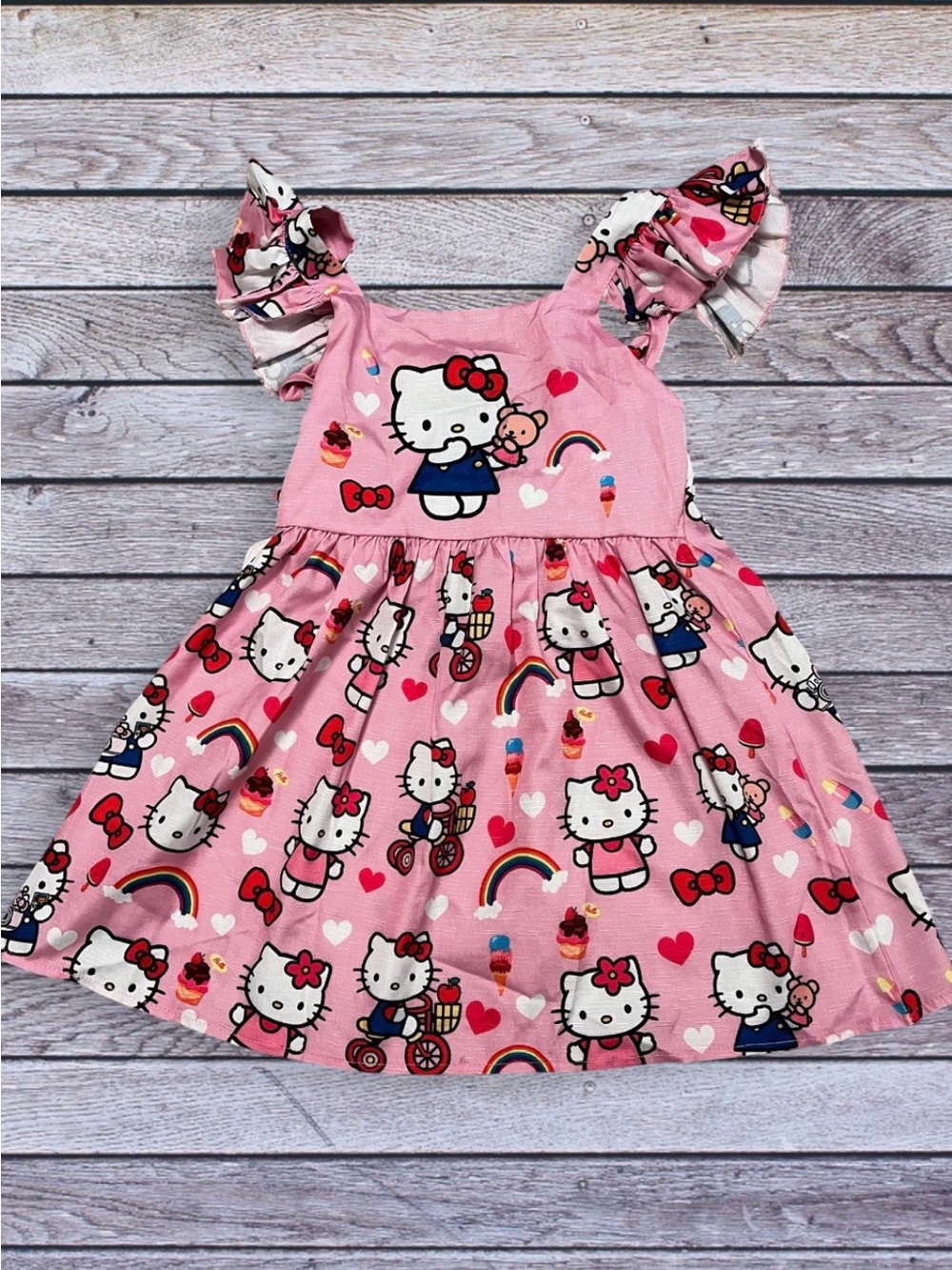 Hello Kitty Pink Ruffle Tie Strap Dress - Rainbow & Heart Print Size 120 / 5-6